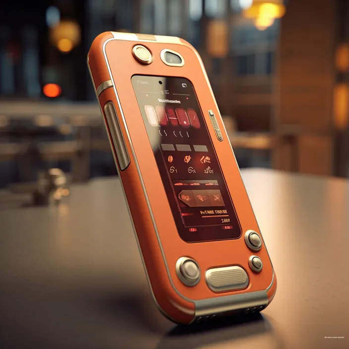 an orange cell phone sitting on top of a table