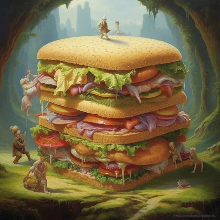 a painting of a giant sandwich in the middle of a forest