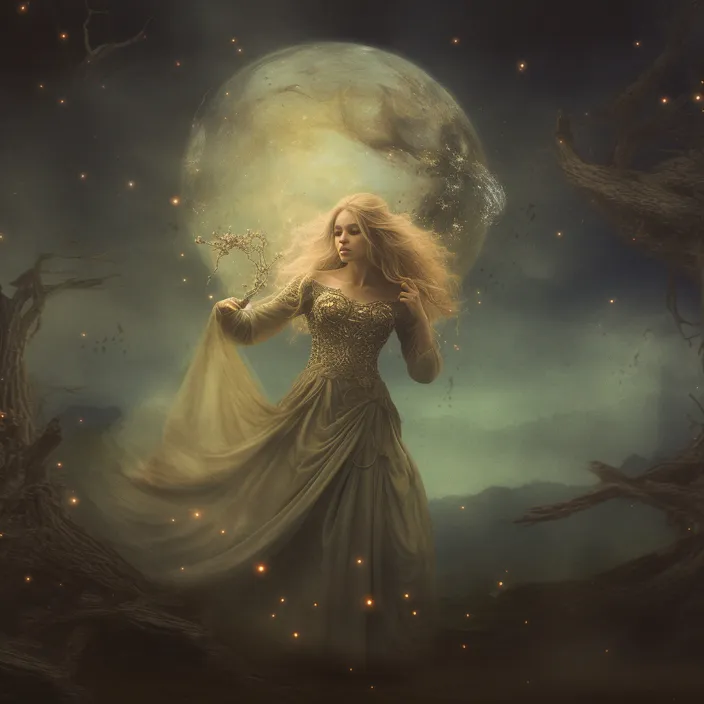 a woman in a long dress standing in front of a full moon