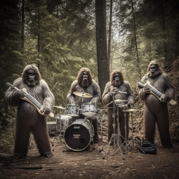 a group of gorillas playing instruments in the woods