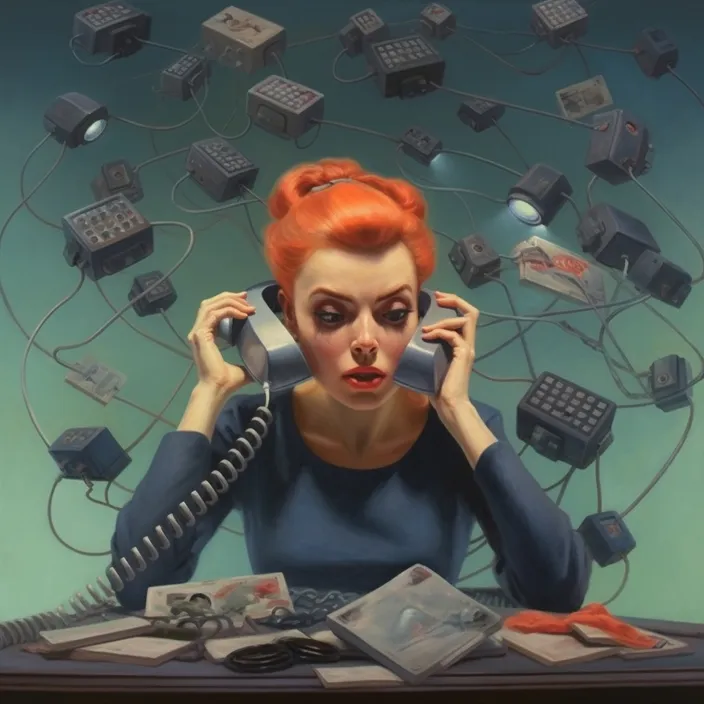 a painting of a woman talking on a telephone