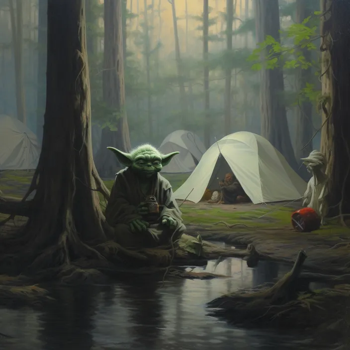 a painting of a yoda sitting next to a campfire