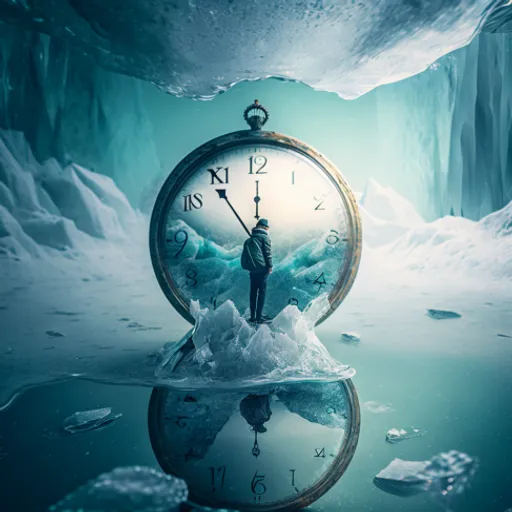 a man standing on top of an iceberg next to a clock