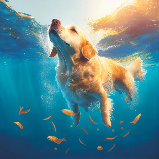 a golden retriever swimming in the ocean with his head above the water