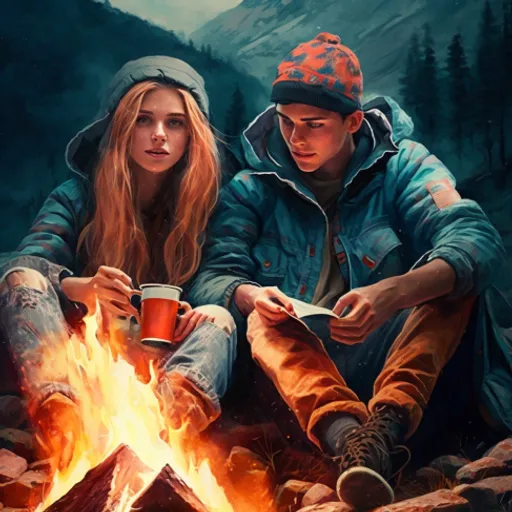 a man and a woman sitting next to a campfire