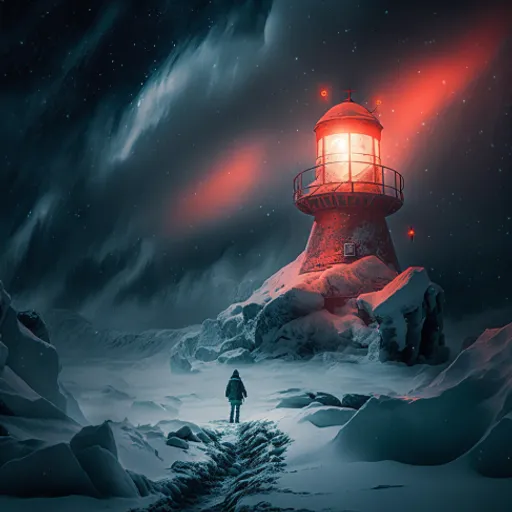 a man standing in front of a lighthouse on top of a snow covered mountain