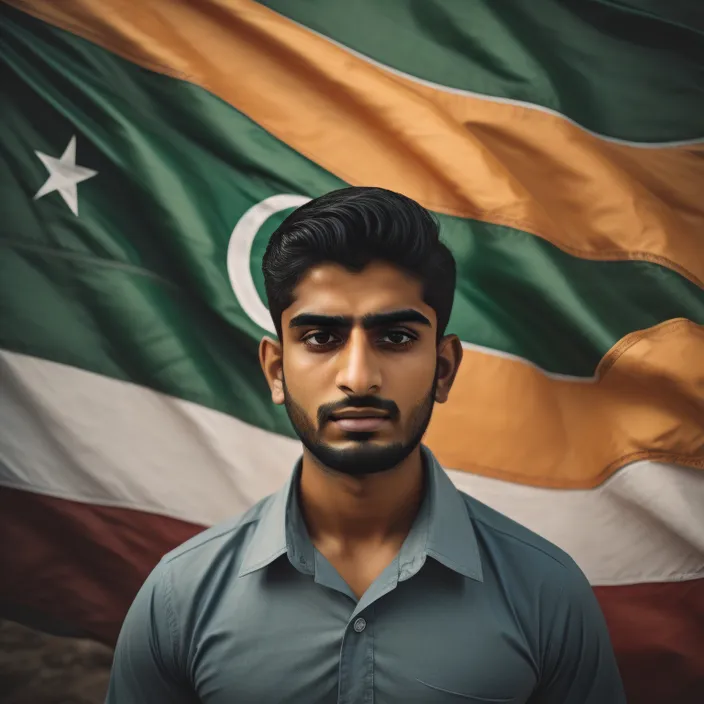 a man standing in front of a flag