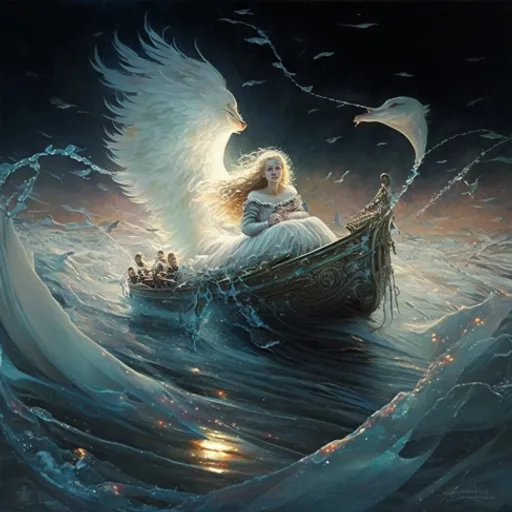 a painting of a woman in a boat with an angel