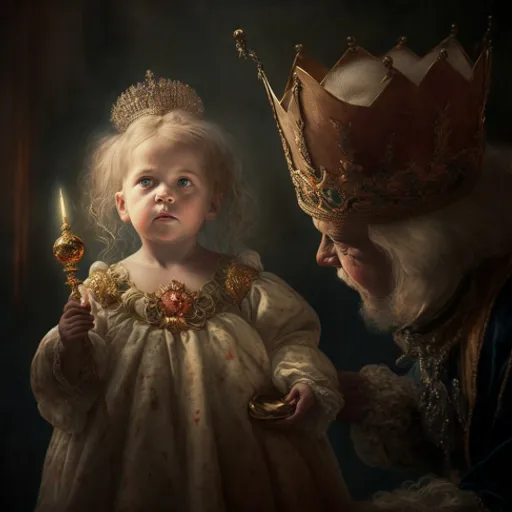 a little girl wearing a crown standing next to an older man