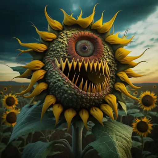 a painting of a sunflower with its mouth open