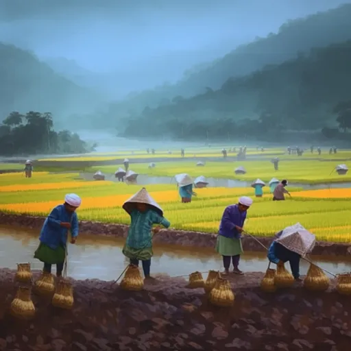 a painting of people working in a rice field