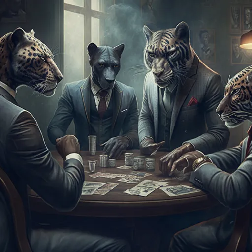 a painting of three men playing cards with two tigers