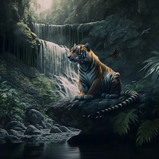 a tiger sitting on a rock in front of a waterfall