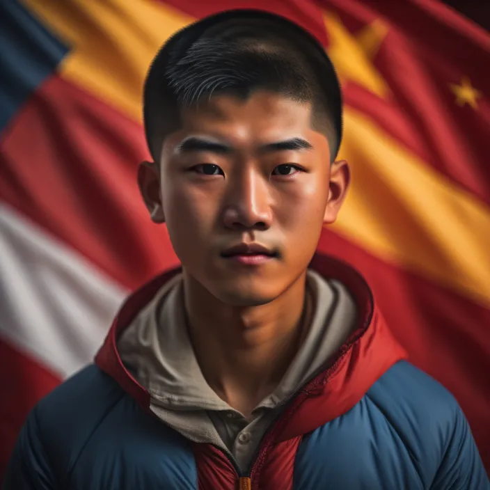 a portrait of a young man in front of a flag