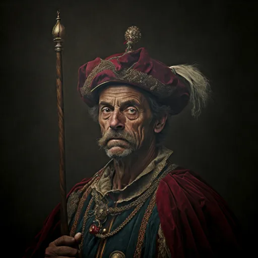 a painting of a man wearing a red hat and holding a stick