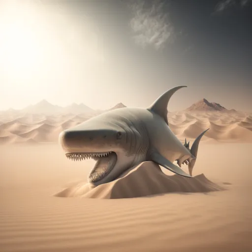 a white shark in a desert with mountains in the background