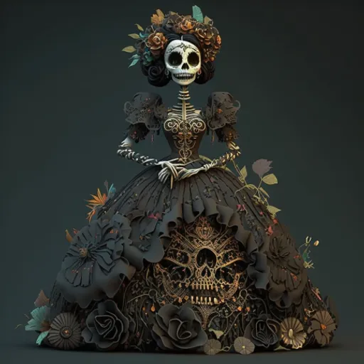 a woman in a dress with a skull on it