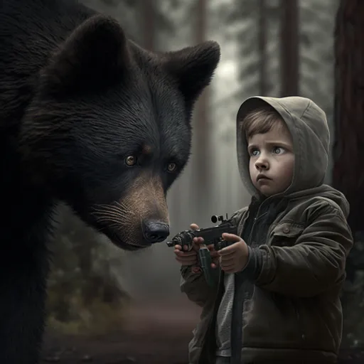 a young boy holding a camera next to a bear