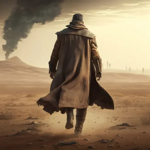 a man in a trench coat walking across a desert