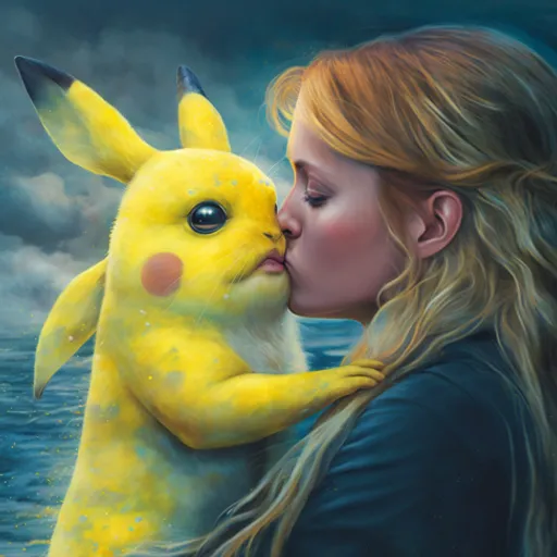 a painting of a girl kissing a pikachu