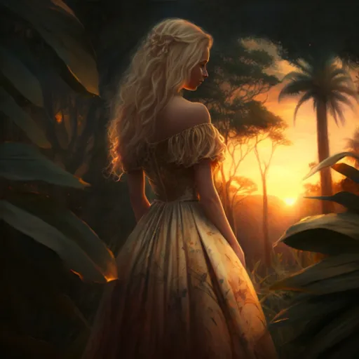 a painting of a woman in a dress looking at the sunset