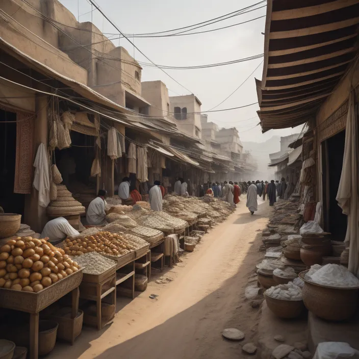 a group of people walking down a street next to a market