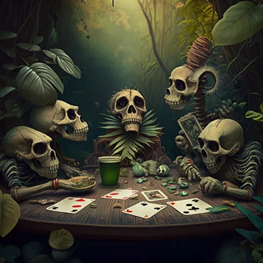 a group of skeleton playing cards in a forest