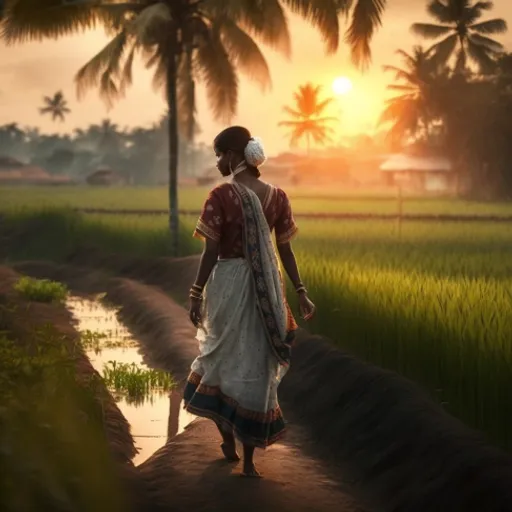 a woman walking down a dirt road next to a rice field