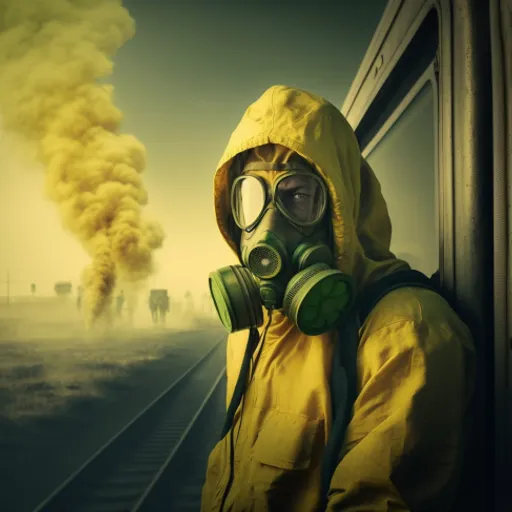 a man wearing a gas mask and a yellow jacket