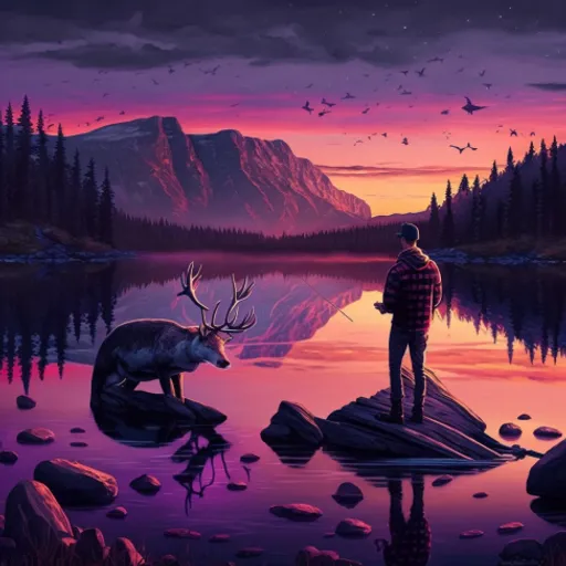 a man standing on a rock looking at a deer