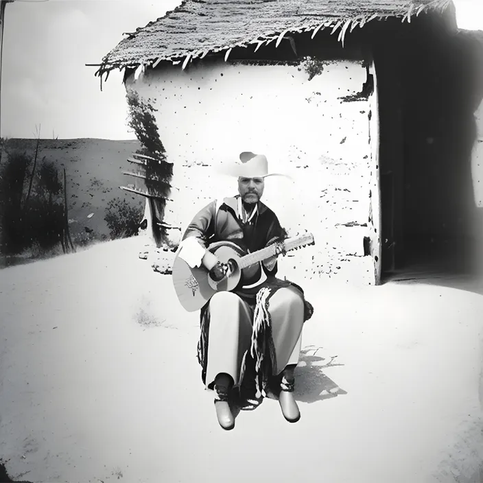 a black and white photo of a man playing a guitar