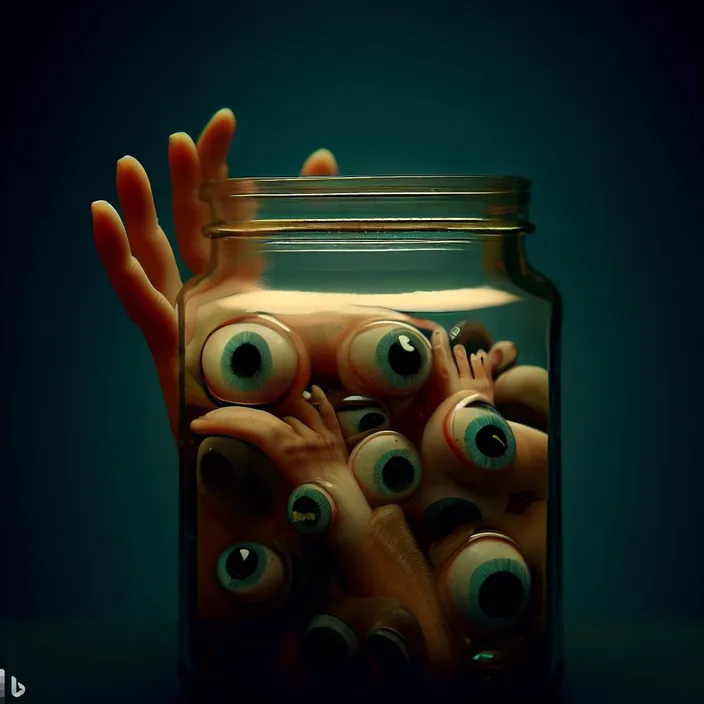 a jar filled with fake eyes and hands