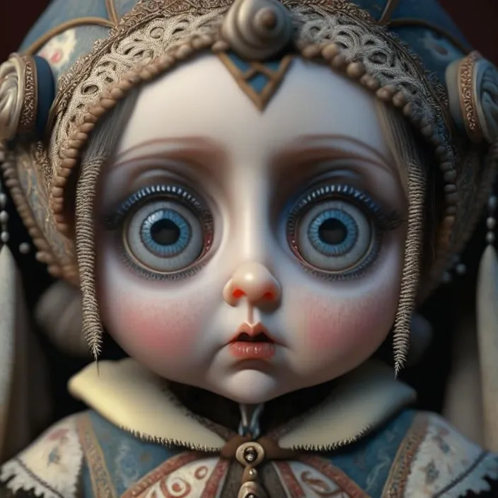 a close up of a doll with big eyes