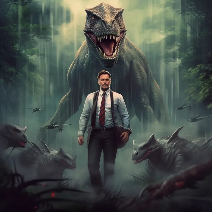 a man in a suit and tie standing in front of a dinosaur