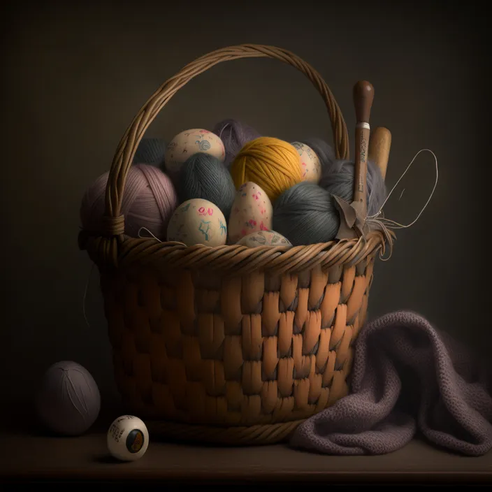 a basket filled with balls of yarn next to a ball of yarn