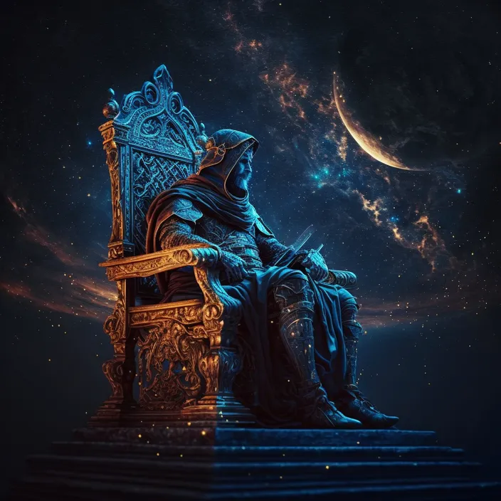 a man sitting on top of a chair under a night sky