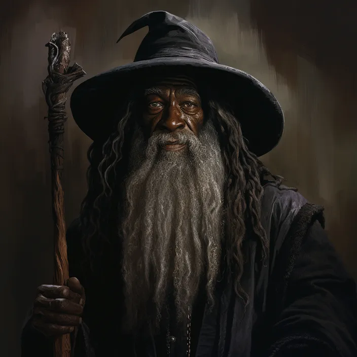 a painting of an old wizard holding a staff