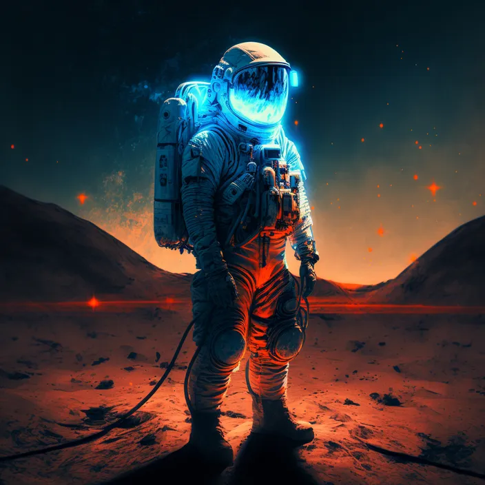 a man in a space suit standing in the desert