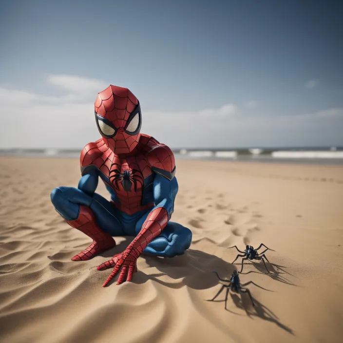 a spider man sits in the sand next to a toy spider man