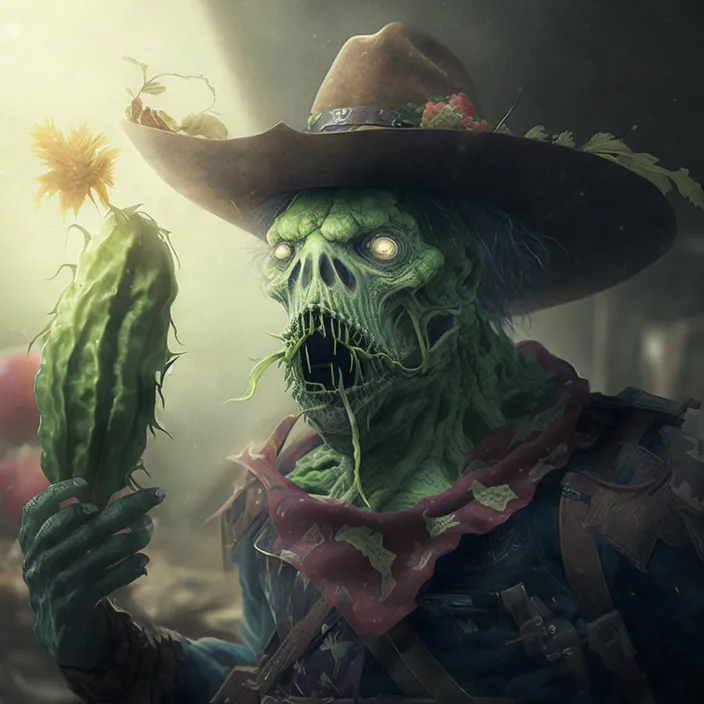 a zombie with a hat holding a pickle