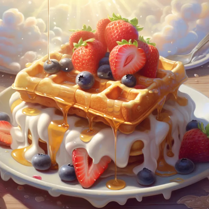 a painting of a waffle with strawberries and blueberries on top