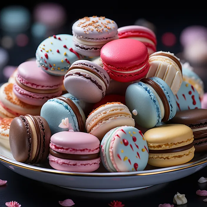 a plate full of colorful macaroons on a table