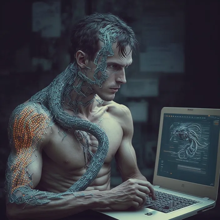 a man with a snake around his neck using a laptop