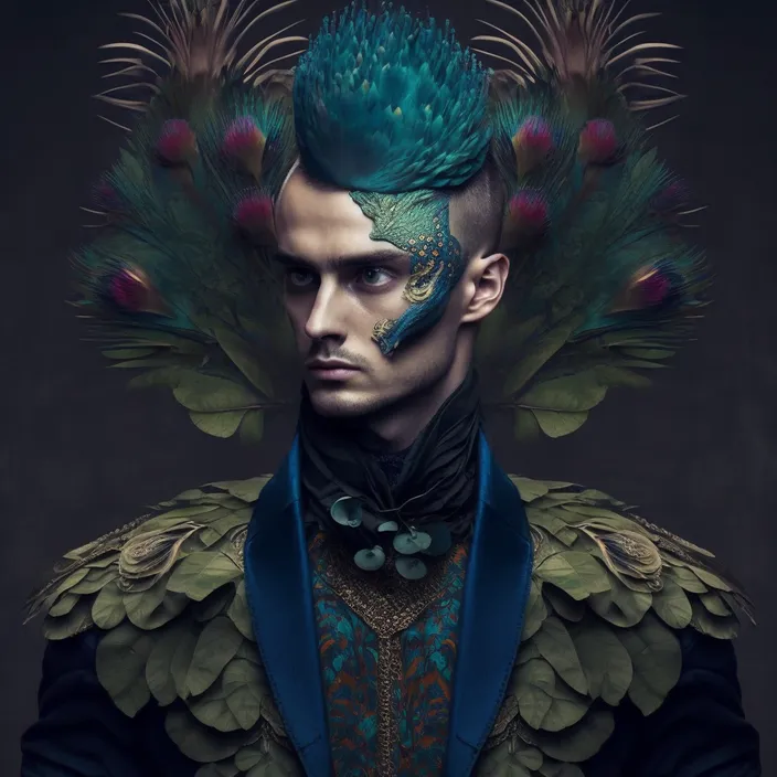 a man with a green hair and feathers on his head