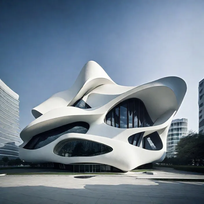 a white building with a curved roof in front of tall buildings