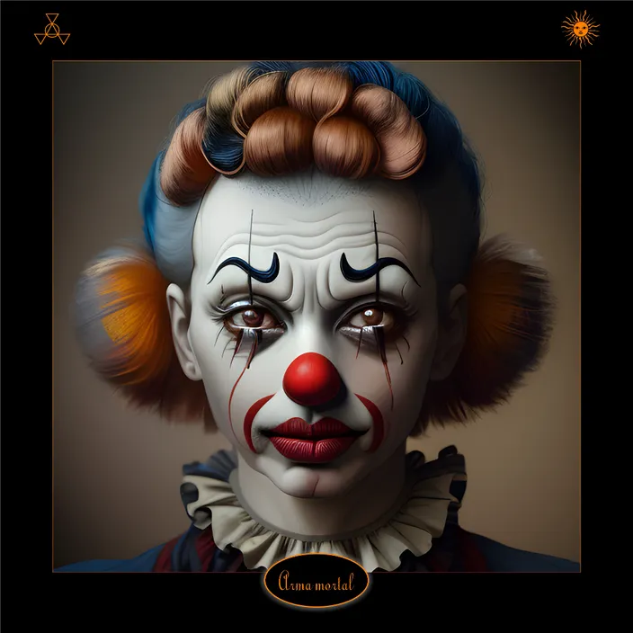 a painting of a clown with a red nose and yellow hair