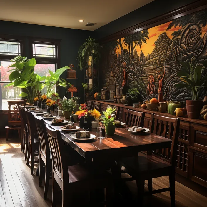 a dining room with a long table and a mural on the wall