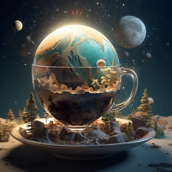 a tea cup with a planet inside of it