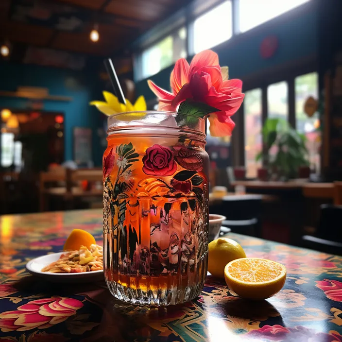 a glass with a flower and a lemon on a table