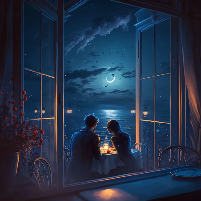 two people sitting at a table looking out a window at the ocean